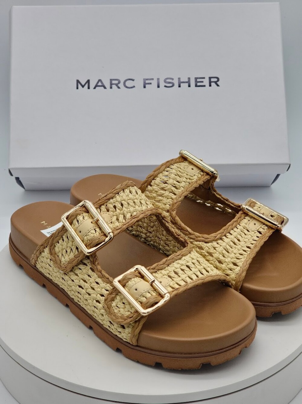 Marc Fisher Mylan Woven Buckle Slide Sandals Women’s Size 9.5 Medium Natural